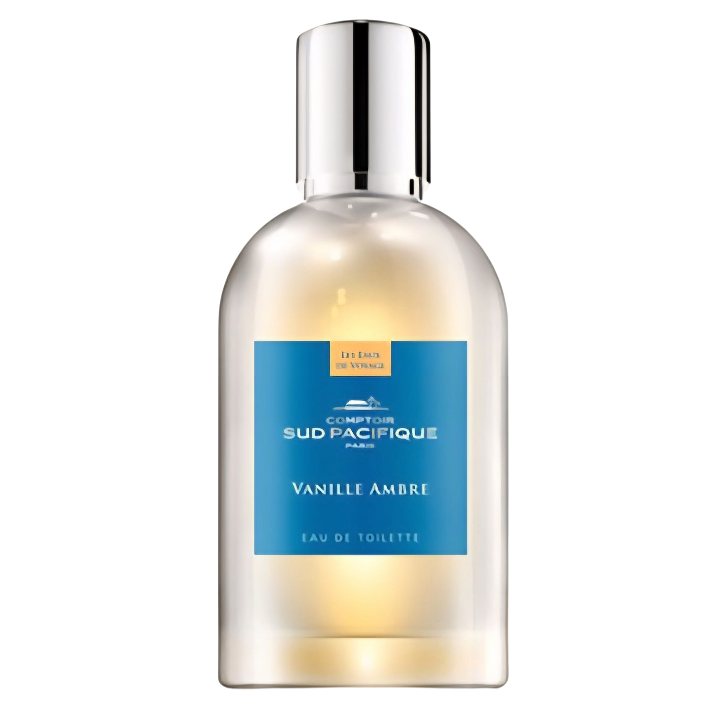 Perfume bottle with blue label on a white background Comptoir Sud Pacifique Vanille Ambre on Decantalize