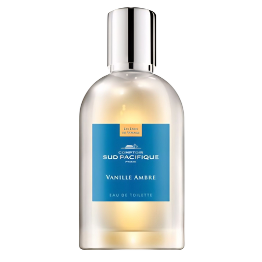 Perfume bottle with blue label on a white background Comptoir Sud Pacifique Vanille Ambre on Decantalize