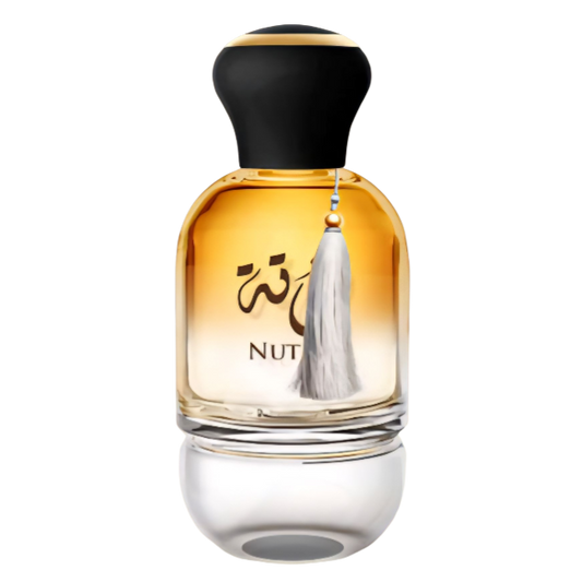Perfume bottle with a black cap and clear body on a white background. Kunooz Nutha on Decantalize sample decant