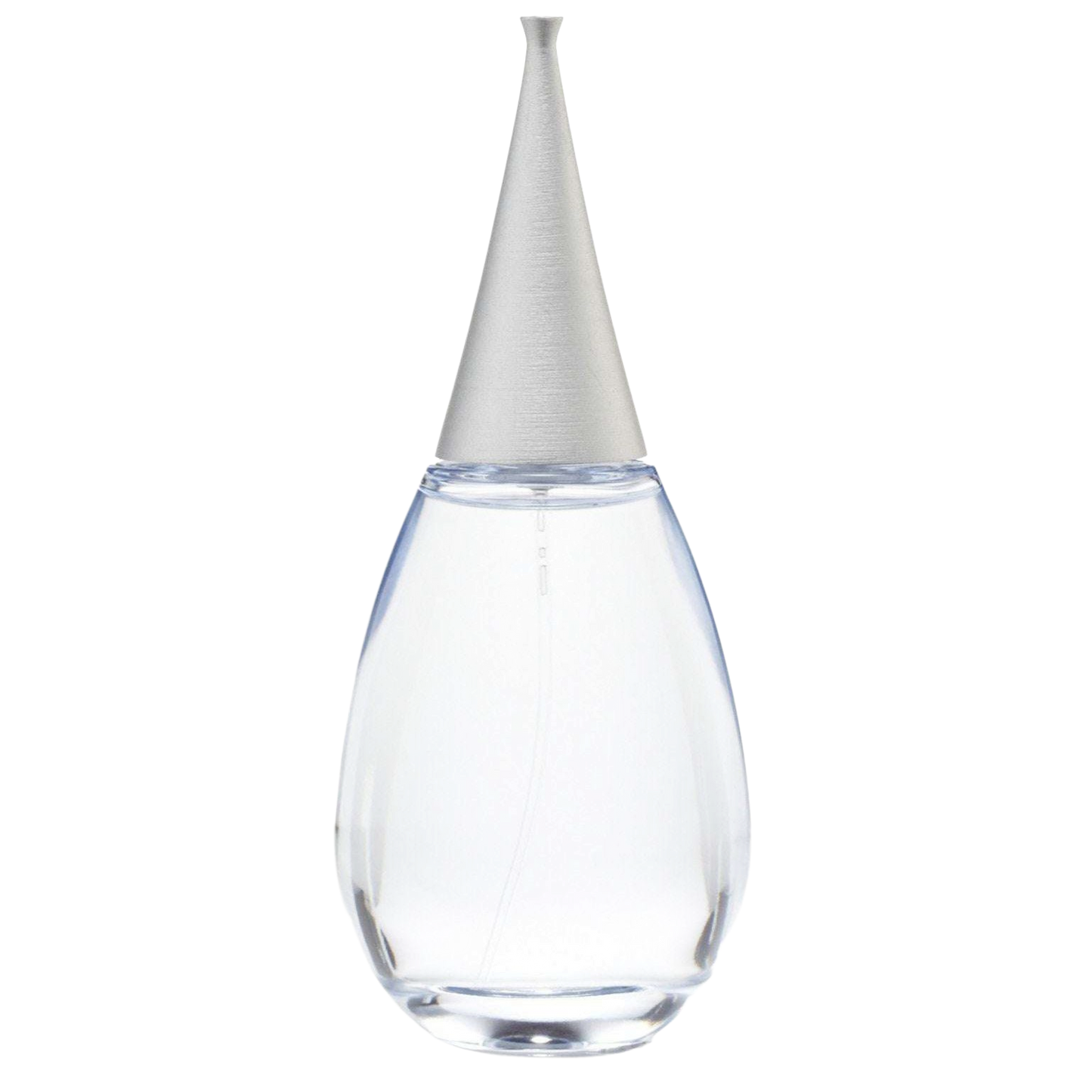 Clear glass droplet-shaped bottle with a silver cap on a white background Alfred Sung Shi sample decant