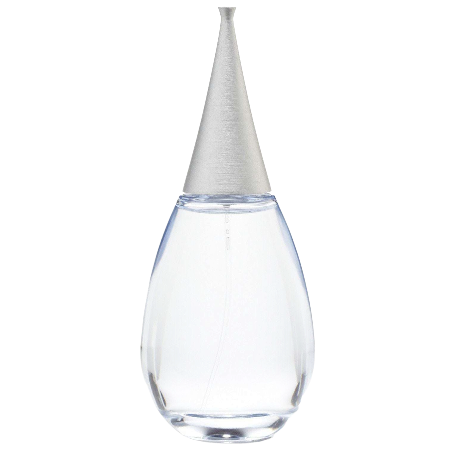Clear glass droplet-shaped bottle with a silver cap on a white background Alfred Sung Shi sample decant