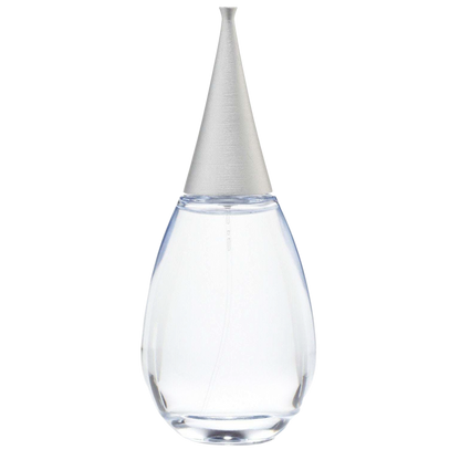 Clear glass droplet-shaped bottle with a silver cap on a white background Alfred Sung Shi sample decant