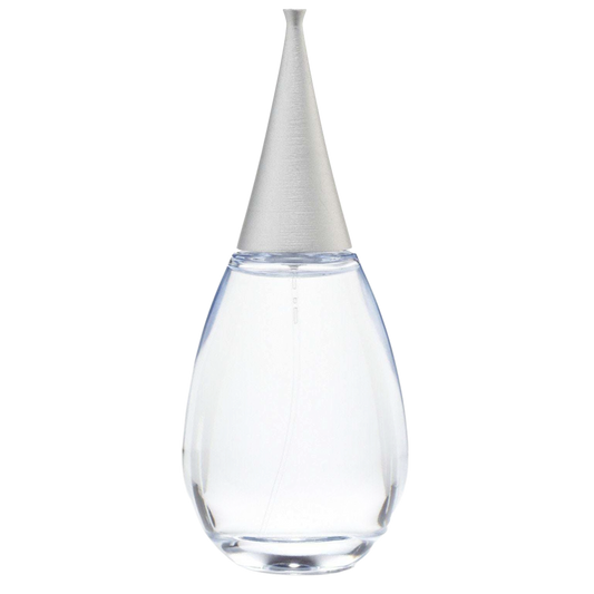 Clear glass droplet-shaped bottle with a silver cap on a white background Alfred Sung Shi sample decant