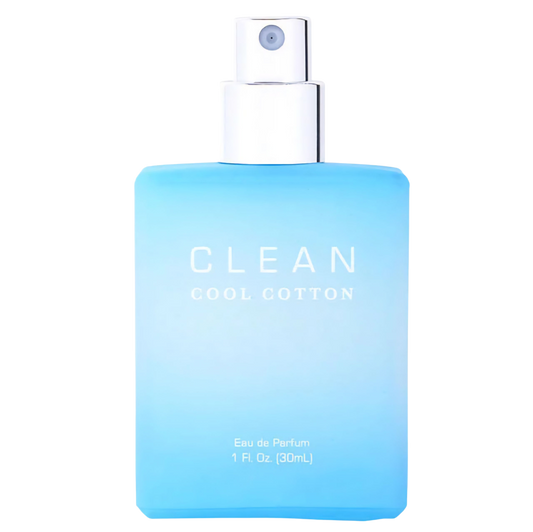 Blue perfume bottle labeled 'Clean Cool Cotton' on a white background Clean Cool Cotton on Decantalize sample decant
