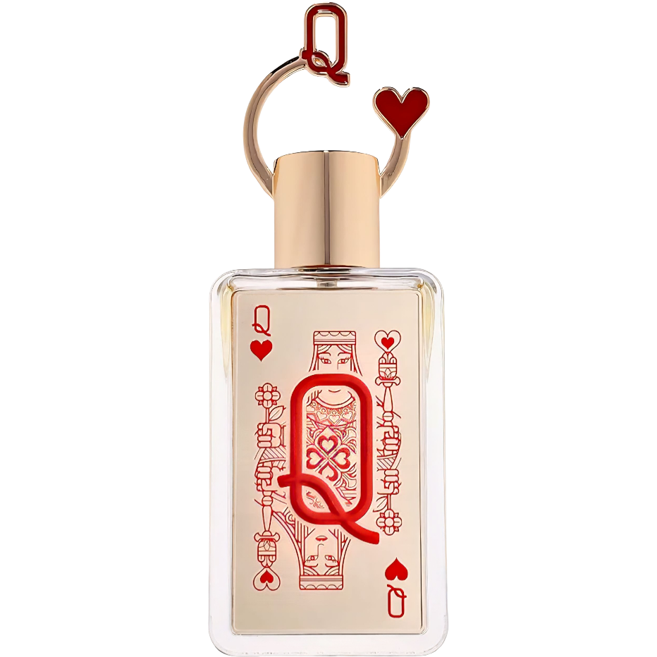 Perfume bottle with Queen of Hearts design and gold cap on a white background. Fragrance World Queen of Hearts on Decantalize sample decant