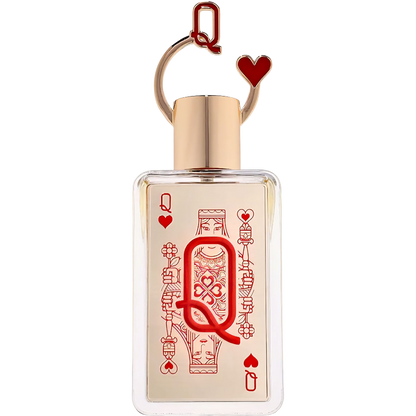 Perfume bottle with Queen of Hearts design and gold cap on a white background. Fragrance World Queen of Hearts on Decantalize sample decant