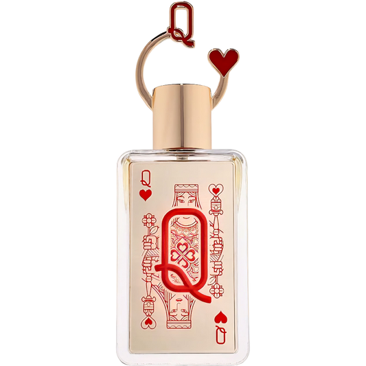 Perfume bottle with Queen of Hearts design and gold cap on a white background. Fragrance World Queen of Hearts on Decantalize sample decant