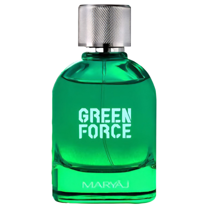 sample decant on Decantalize Maryaj Green Force Perfume For Men Green perfume bottle labeled 'Green Force' by Maryau on a white background