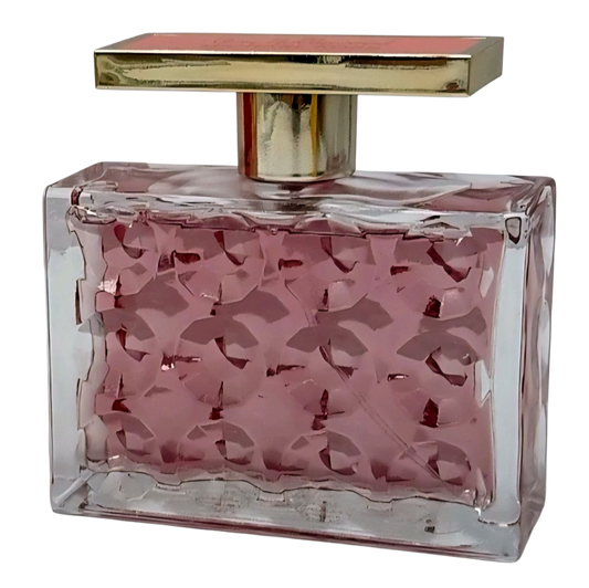 Perfume bottle with pink floral design and gold cap on a white background Michael Kors Very Hollywood on Decantalize sample decant