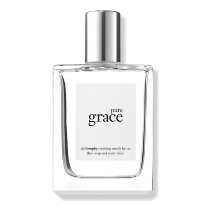Perfume bottle labeled 'pure grace' by philosophy on a white background. Philosophy Pure Grace on Decantalie sample decant