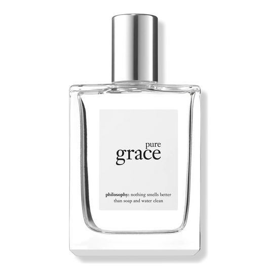 Perfume bottle labeled 'pure grace' by philosophy on a white background. Philosophy Pure Grace on Decantalie sample decant